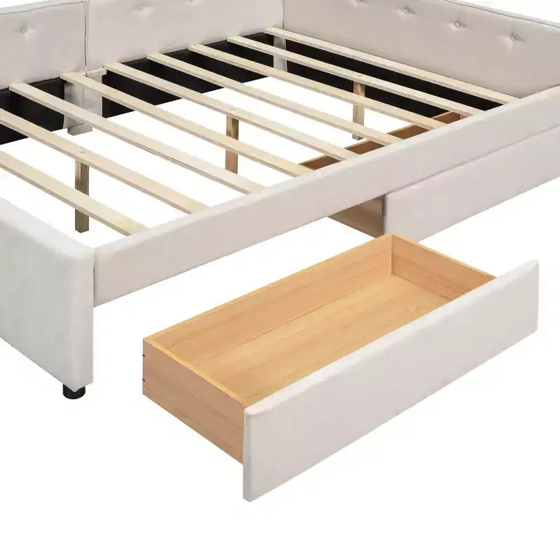 Upholstered Daybed with Storage Drawers, L Shaped Corner Sofa Bed Frame Floor Bed Frame with USB Charging for Teens Adults, Beige