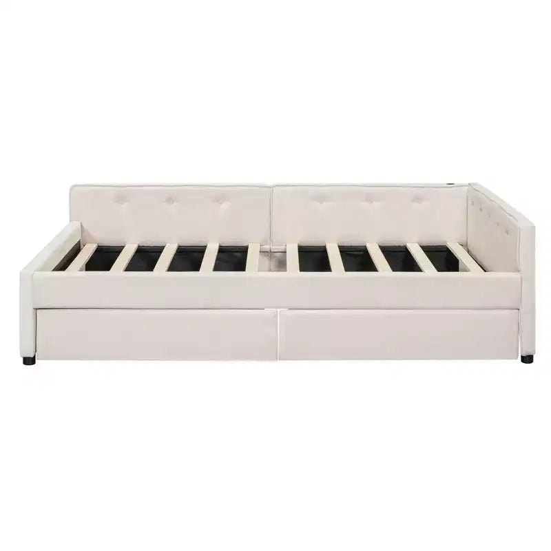 Upholstered Daybed with Storage Drawers, L Shaped Corner Sofa Bed Frame Floor Bed Frame with USB Charging for Teens Adults, Beige