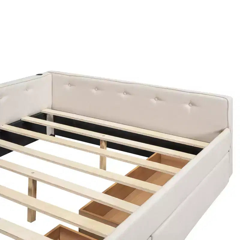 Upholstered Daybed with Storage Drawers, L Shaped Corner Sofa Bed Frame Floor Bed Frame with USB Charging for Teens Adults, Beige