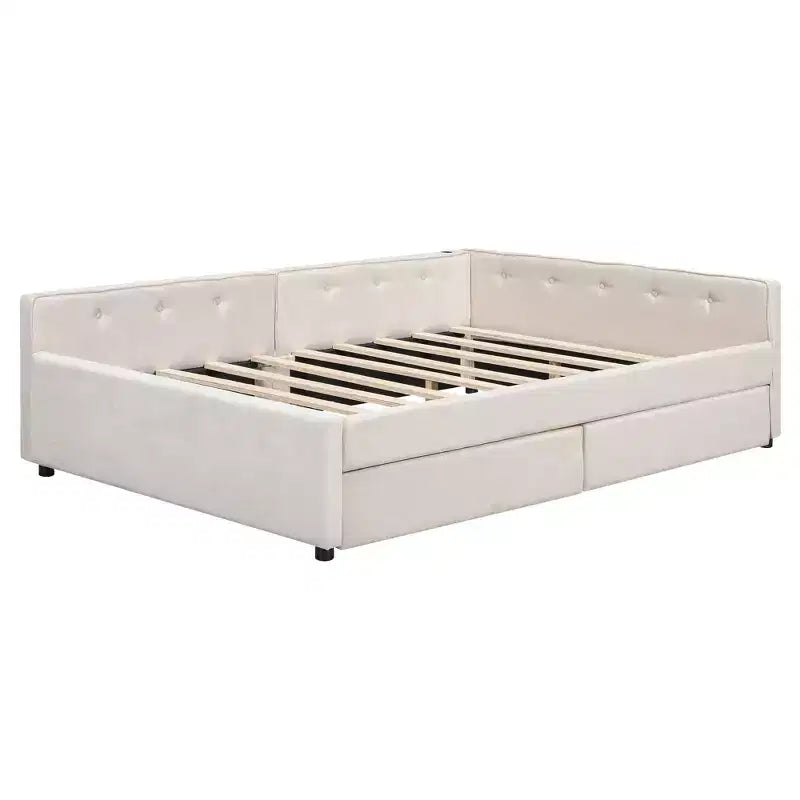 Upholstered Daybed with Storage Drawers, L Shaped Corner Sofa Bed Frame Floor Bed Frame with USB Charging for Teens Adults, Beige