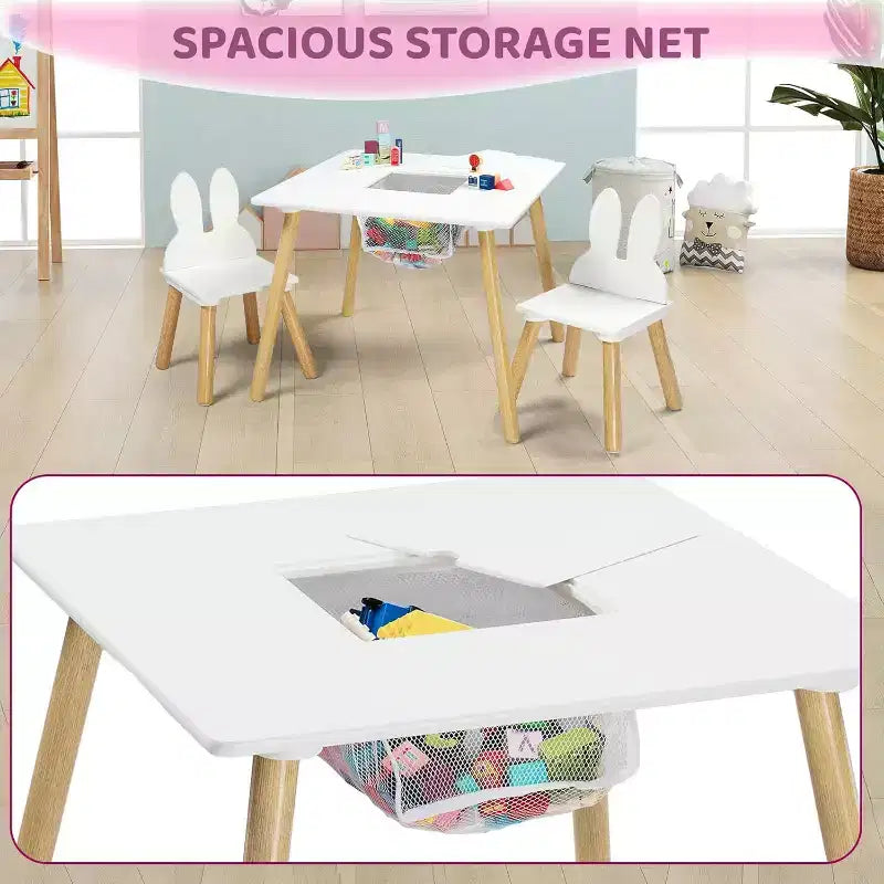 in-1 Kids Table & 2 Chairs with White Bunny Ear Chairs, Removable Top & Storage for Ages 2-5