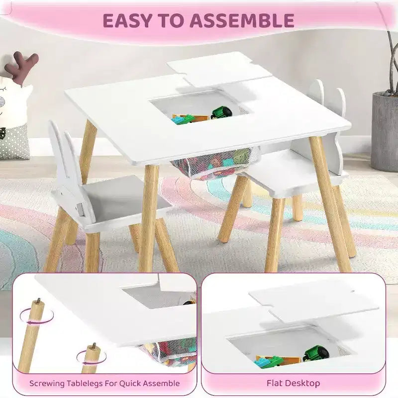 in-1 Kids Table & 2 Chairs with White Bunny Ear Chairs, Removable Top & Storage for Ages 2-5