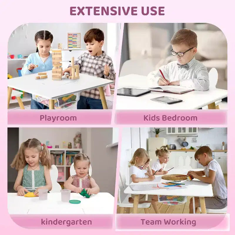 in-1 Kids Table & 2 Chairs with White Bunny Ear Chairs, Removable Top & Storage for Ages 2-5