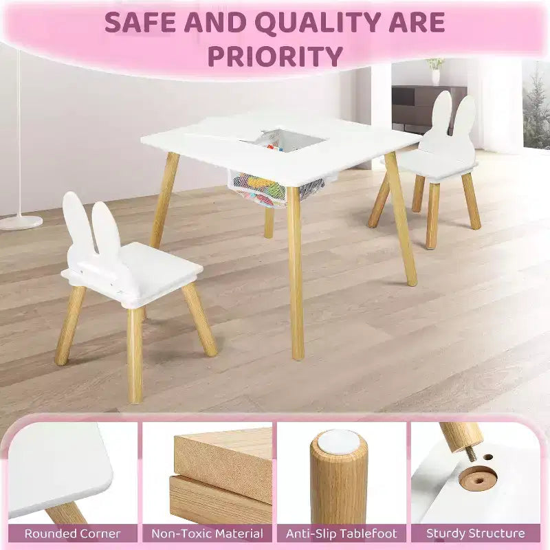 in-1 Kids Table & 2 Chairs with White Bunny Ear Chairs, Removable Top & Storage for Ages 2-5