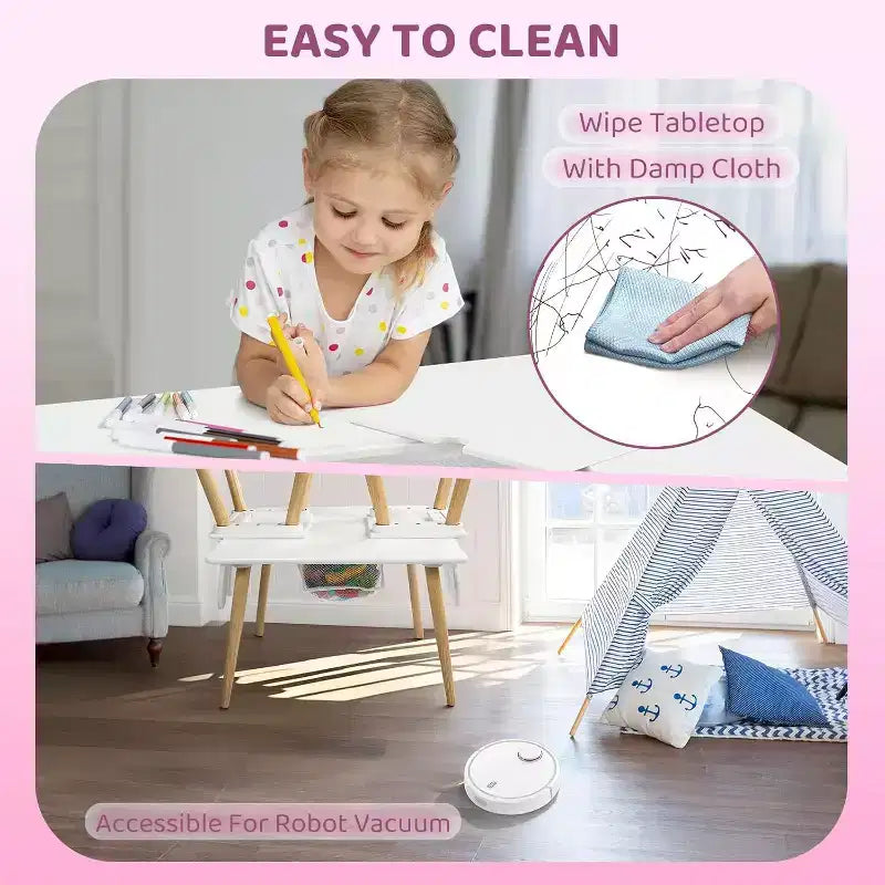 in-1 Kids Table & 2 Chairs with White Bunny Ear Chairs, Removable Top & Storage for Ages 2-5