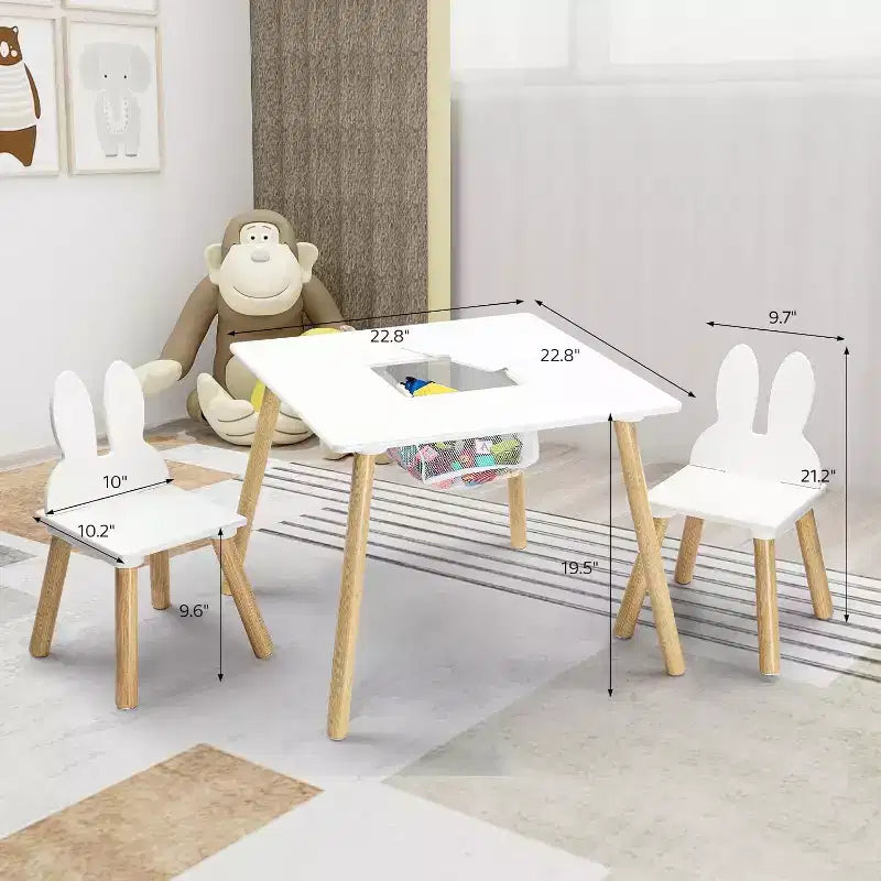in-1 Kids Table & 2 Chairs with White Bunny Ear Chairs, Removable Top & Storage for Ages 2-5