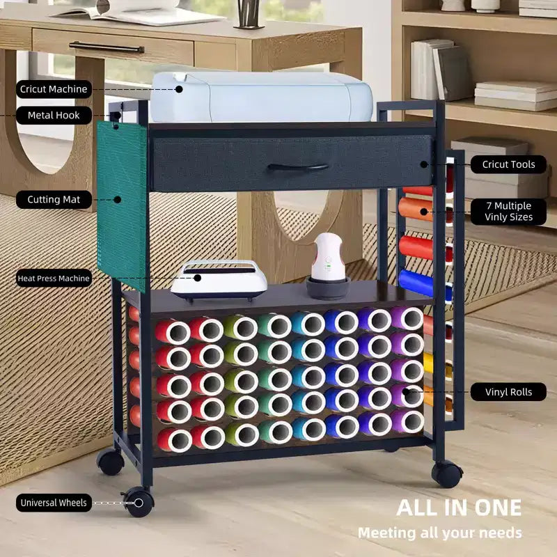 Large Craft Organizer and Storage Rolling Cart Compatible with Fabric Drawer, Hook & 47 Vinyl Roll Holder for Home Craft Workstation Room