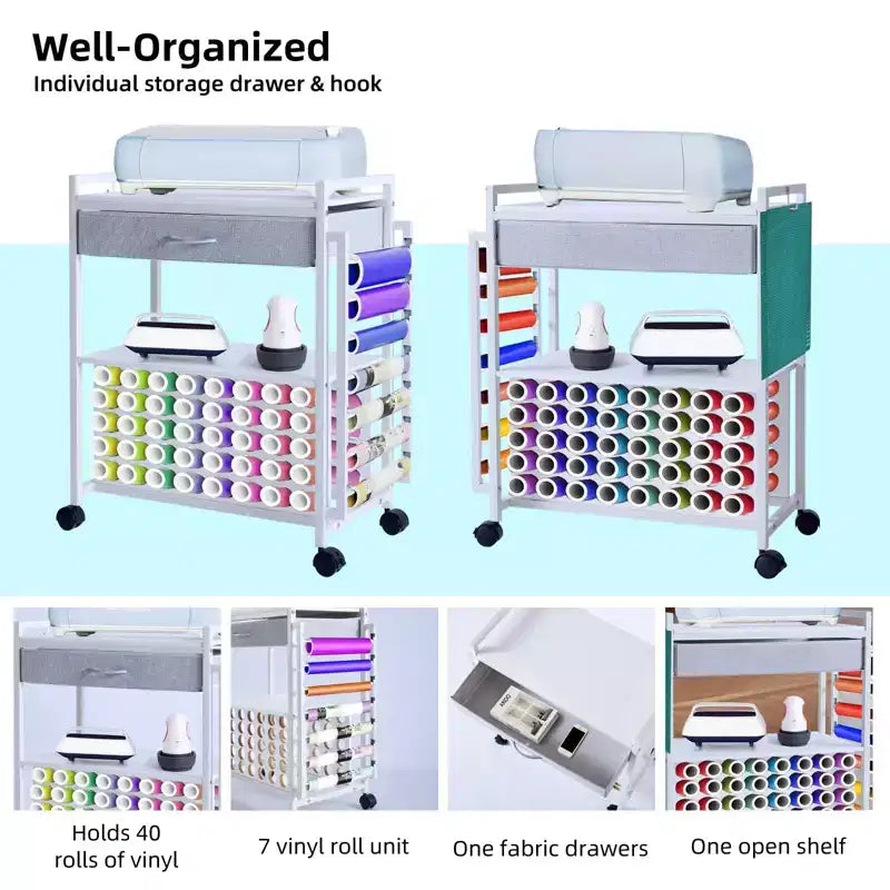 Craft Organization and Storage Cart Compatible with Cricut Machine, Rolling Craft Organizer with Fabric Drawer, Hook & 47 Vinyl Roll Holder