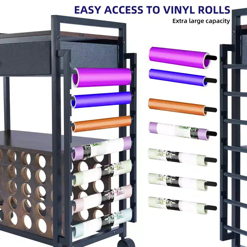 Craft Organization and Storage Cart Compatible with Cricut Machine, Rolling Craft Organizer with Fabric Drawer, Hook & 47 Vinyl Roll Holder