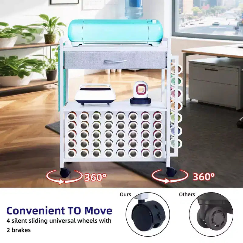 47 Rolling Craft Cart  Storage Stand with Drawer, Vinyl Roll Holder & Hooks for Cricut Machines & Home Crafting