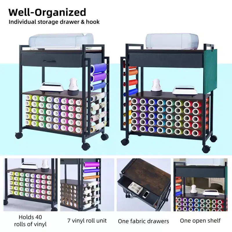 47 Rolling Craft Cart  Storage Stand with Drawer, Vinyl Roll Holder & Hooks for Cricut Machines & Home Crafting