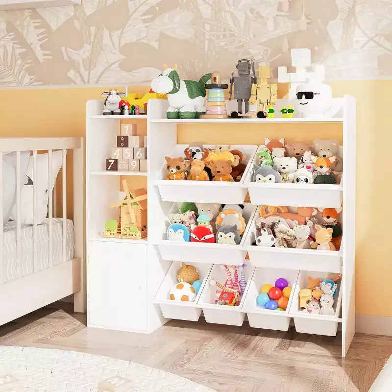 Childrens Wooden Toy Organizer with 8 Bins & 3 Shelves,Storage Bookshelf for Toys,Books,Games,and Crafts,Playroom Organization Bookcase