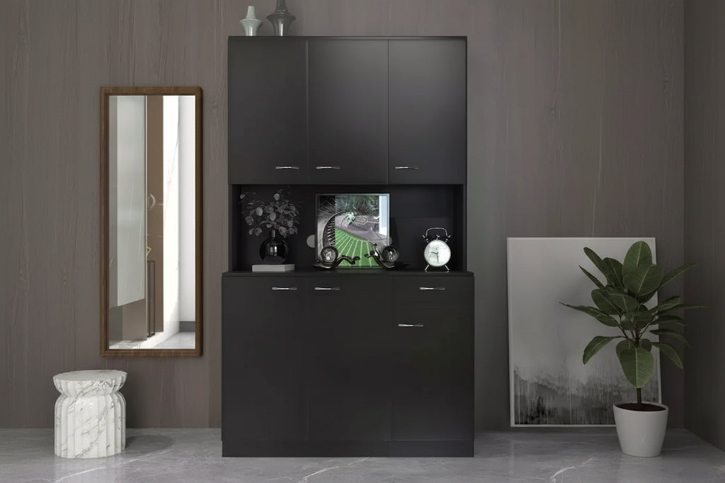Dispensa da cucina indipendente 70.87 con 6 ante, cassetto, ripiani a giorno, versatile credenza, armadietto per riporre oggetti artigianali