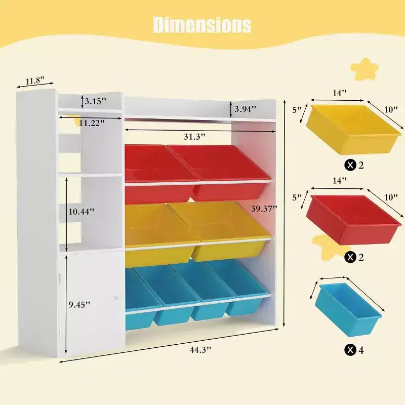 Organizzatore di stoccaggio largo 43,5 pollici con 8 contenitori rimovibili e molteplici scomparti, scaffale portaoggetti a 4 livelli per libri e oggetti d'artigianato, libreria per camera da letto, aula