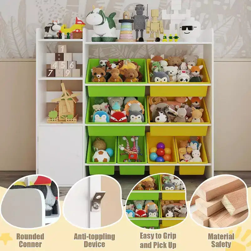 Organizzatore di stoccaggio largo 43,5 pollici con 8 contenitori rimovibili e molteplici scomparti, scaffale portaoggetti a 4 livelli per libri e oggetti d'artigianato, libreria per camera da letto, aula