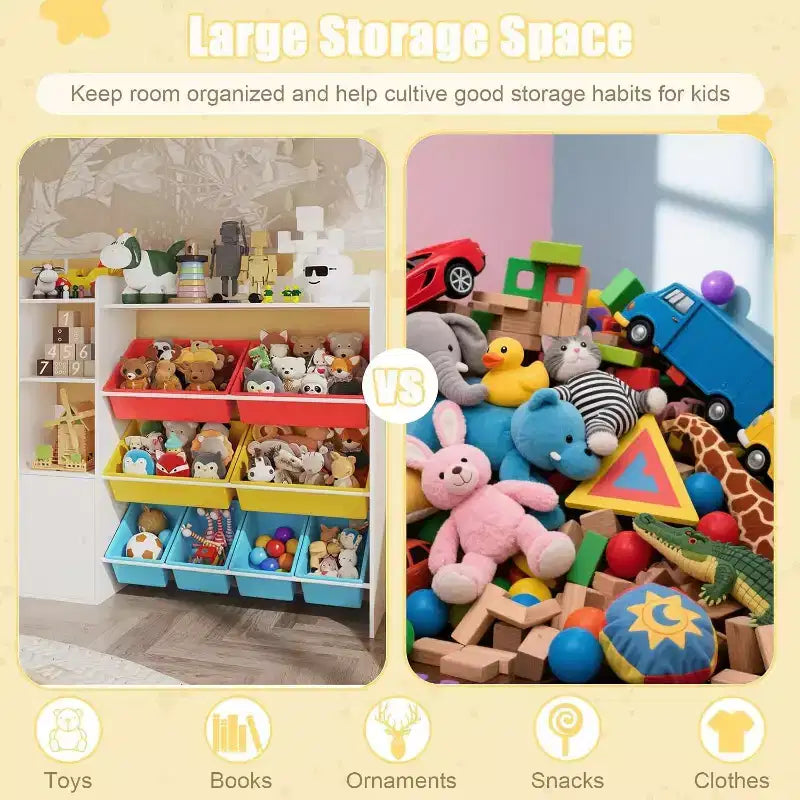 Organizzatore di stoccaggio largo 43,5 pollici con 8 contenitori rimovibili e molteplici scomparti, scaffale portaoggetti a 4 livelli per libri e oggetti d'artigianato, libreria per camera da letto, aula