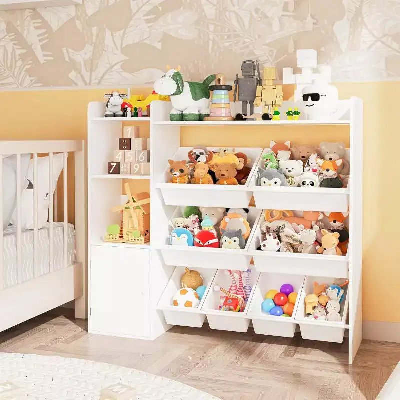 Organizzatore di stoccaggio largo 43,5 pollici con 8 contenitori rimovibili e molteplici scomparti, scaffale portaoggetti a 4 livelli per libri e oggetti d'artigianato, libreria per camera da letto, aula