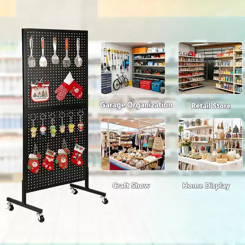 2'x5' Pegboard Display Stand with Wheels, Metal Peg Board Display Rack with T-Base and Hooks for Craft Fair, Retail and Home Organizer