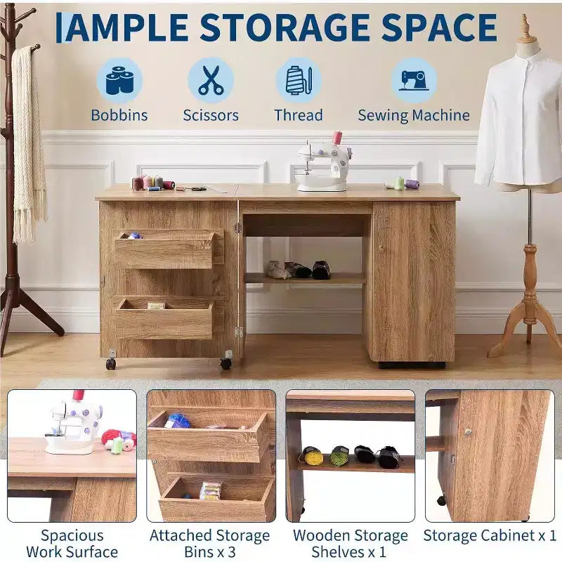 Portable Folding Sewing Table with Lockable Wheels, Storage Shelves, Storage Trays, Magnetic Locks, Multipurpose Sewing Machine Table for Home