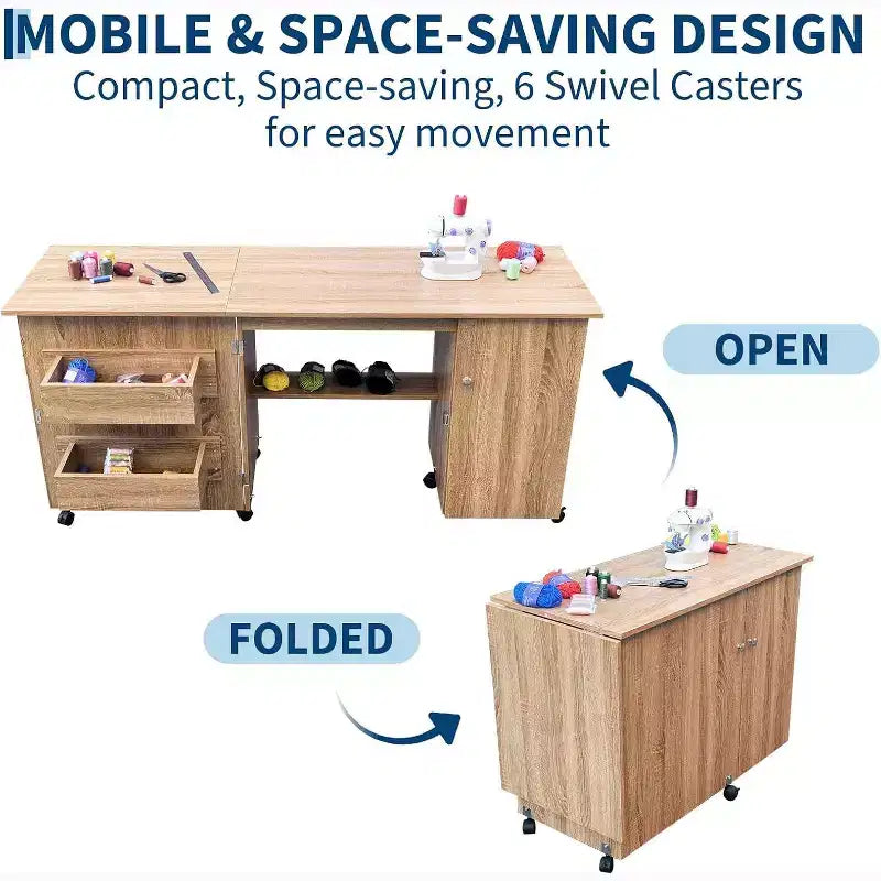 Portable Folding Sewing Table with Lockable Wheels, Storage Shelves, Storage Trays, Magnetic Locks, Multipurpose Sewing Machine Table for Home