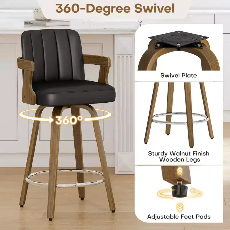 29 Swivel Bar Stools with Back & Arm for Kitchen Island, Faux Leather Upholstered