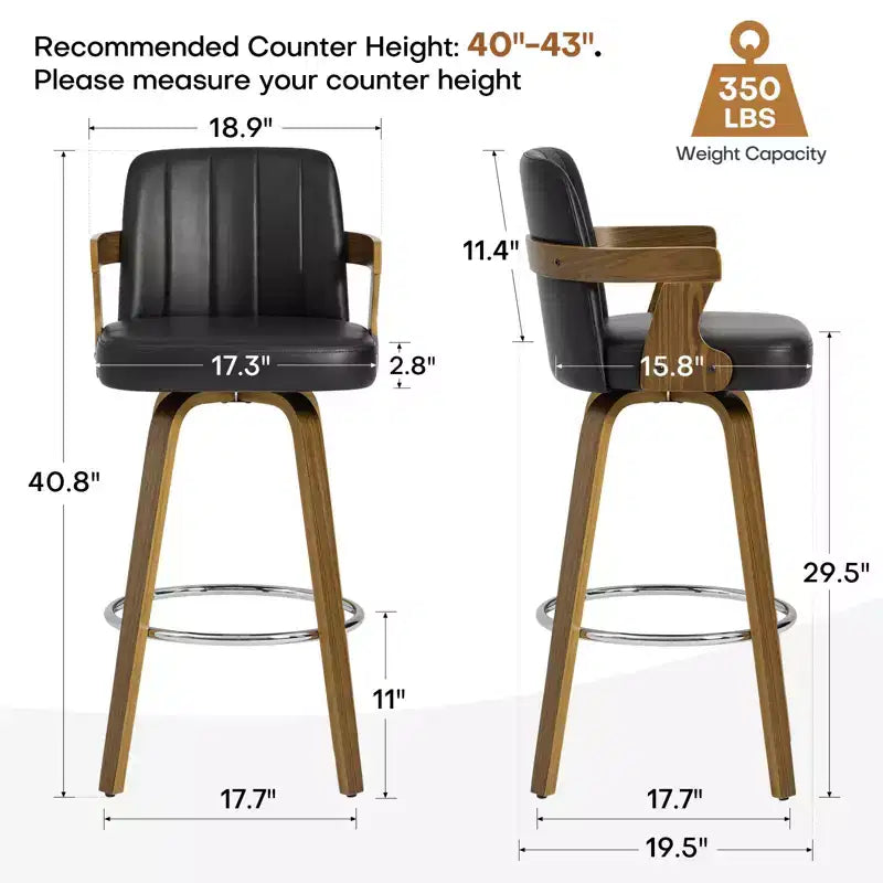 29 Swivel Bar Stools with Back & Arm for Kitchen Island, Faux Leather Upholstered