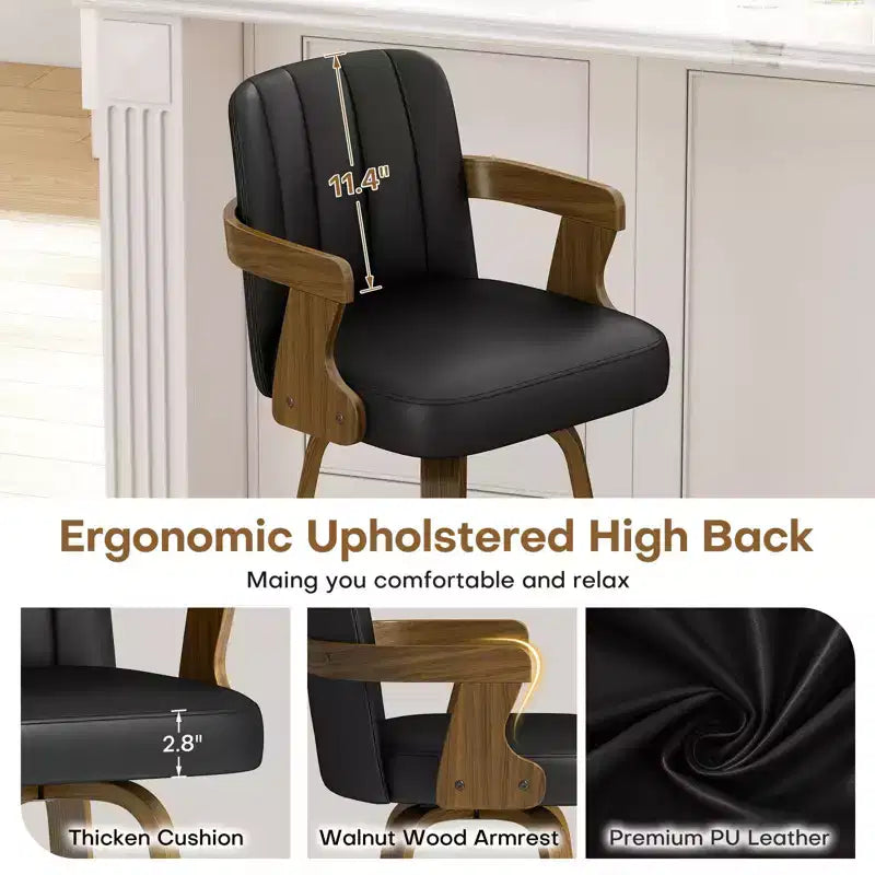 29 Swivel Bar Stools with Back & Arm for Kitchen Island, Faux Leather Upholstered