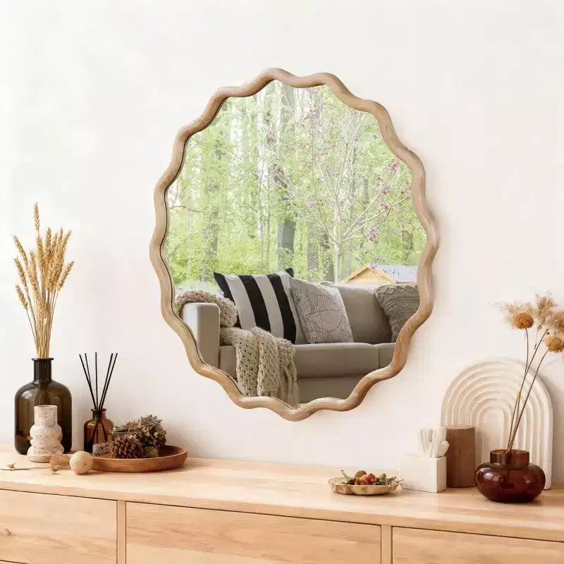 Round Decorative Wall Mirror with Wavy Design, Modern Accent Mirror for Bedroom, Bathroom, Living Room, Entryway