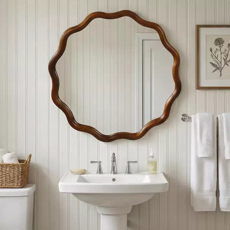 Round Decorative Wall Mirror with Wavy Design, Modern Accent Mirror for Bedroom, Bathroom, Living Room, Entryway
