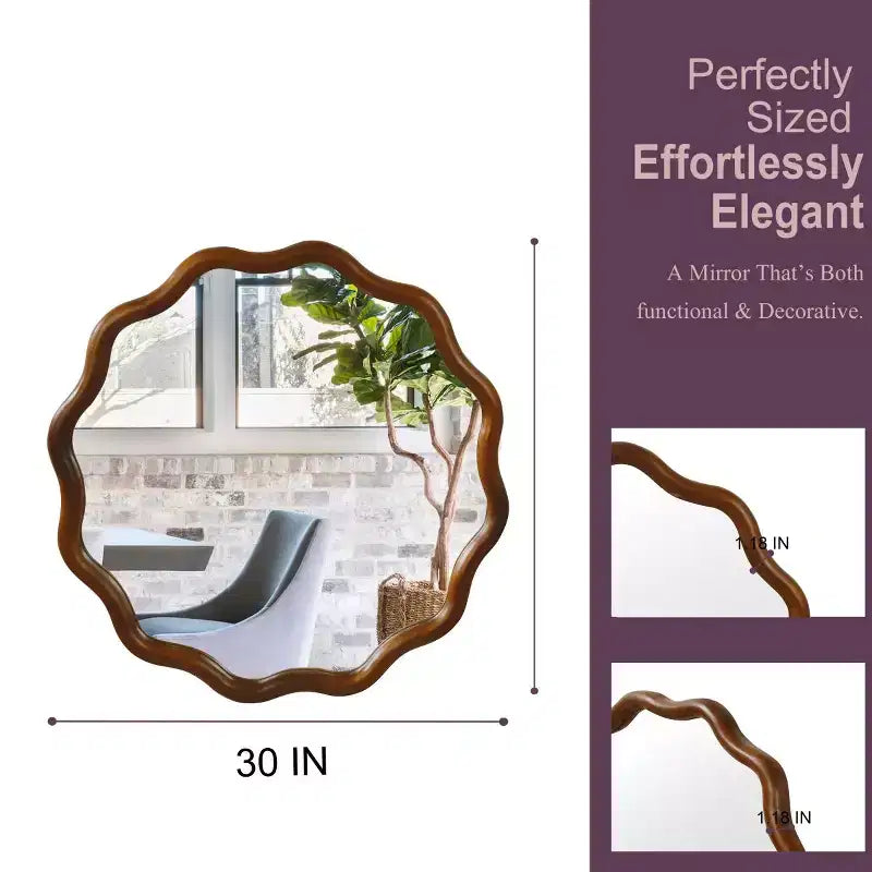 Round Decorative Wall Mirror with Wavy Design, Modern Accent Mirror for Bedroom, Bathroom, Living Room, Entryway