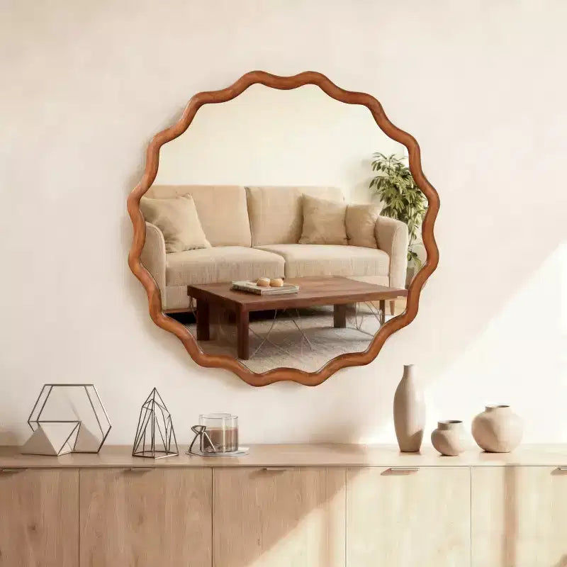 Round Decorative Wall Mirror with Wavy Design, Modern Accent Mirror for Bedroom, Bathroom, Living Room, Entryway