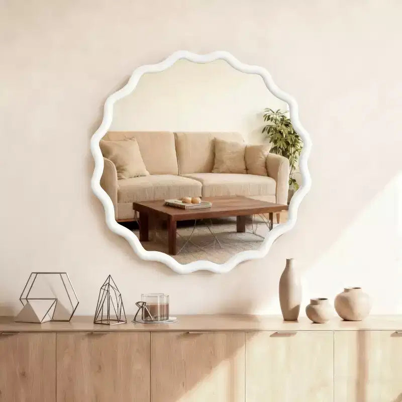 Round Decorative Wall Mirror with Wavy Design, Modern Accent Mirror for Bedroom, Bathroom, Living Room, Entryway