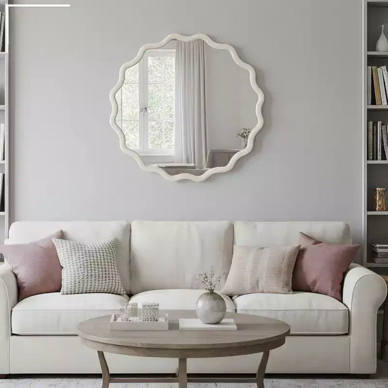 Round Decorative Wall Mirror with Wavy Design, Modern Accent Mirror for Bedroom, Bathroom, Living Room, Entryway