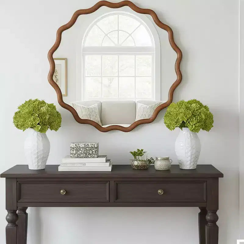 Round Decorative Wall Mirror with Wavy Design, Modern Accent Mirror for Bedroom, Bathroom, Living Room, Entryway