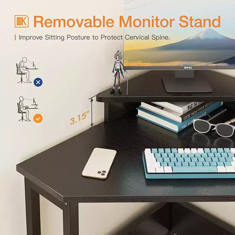 Modern Wooden Triangle Corner Computer Workstation Desk with Durable Steel Frame and Raised Monitor Stand, White