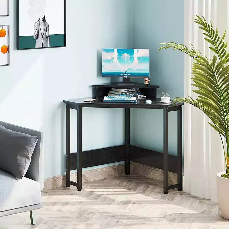 Modern Wooden Triangle Corner Computer Workstation Desk with Durable Steel Frame and Raised Monitor Stand, White