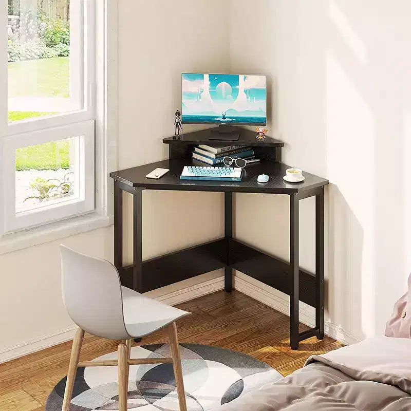 Modern Wooden Triangle Corner Computer Workstation Desk with Durable Steel Frame and Raised Monitor Stand, White