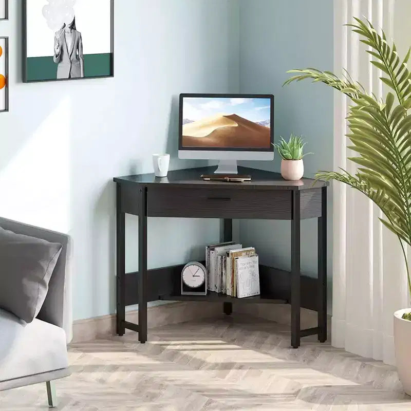Modern Triangle Corner Computer Workstation with Large Drawer and Bottom Display Shelf for Apartments, Studios, and Office, Black