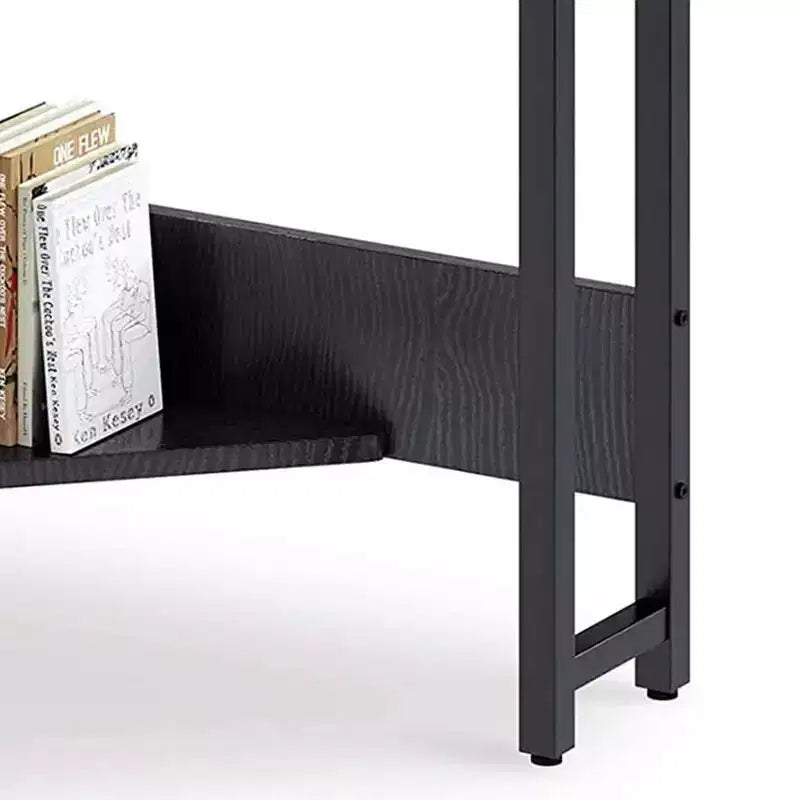Modern Triangle Corner Computer Workstation with Large Drawer and Bottom Display Shelf for Apartments, Studios, and Office, Black