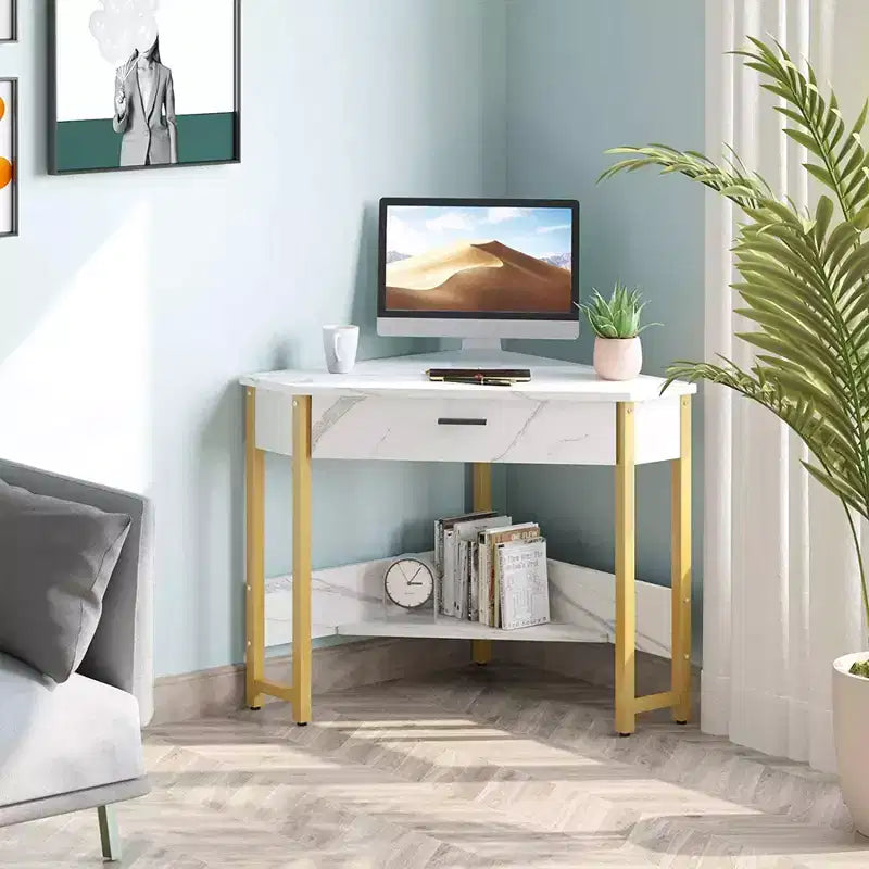 Modern Triangle Corner Computer Workstation with Large Drawer and Bottom Display Shelf for Apartments, Studios, and Office, Black