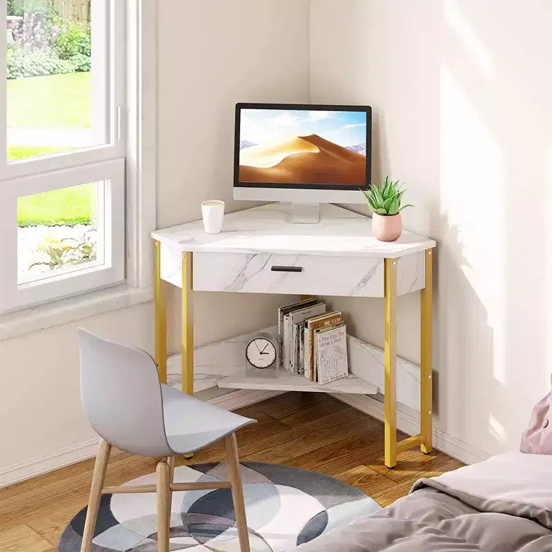 Modern Triangle Corner Computer Workstation with Large Drawer and Bottom Display Shelf for Apartments, Studios, and Office, Black