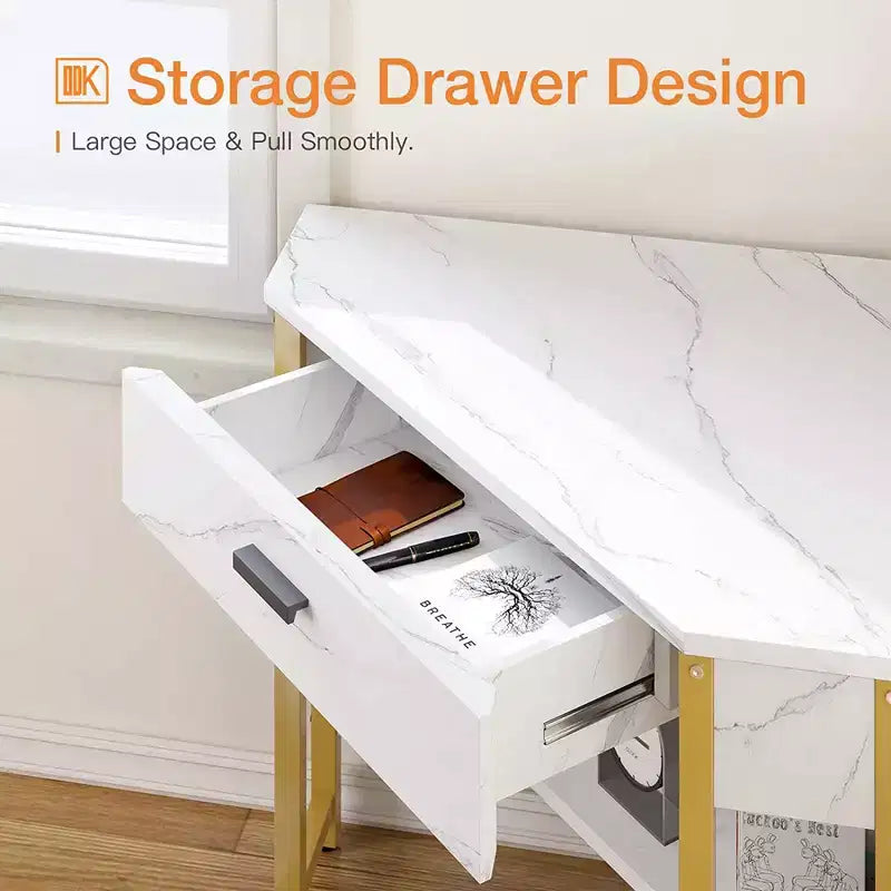Modern Triangle Corner Computer Workstation with Large Drawer and Bottom Display Shelf for Apartments, Studios, and Office, Black
