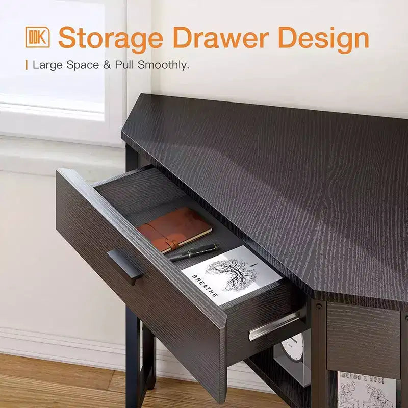 Modern Triangle Corner Computer Workstation with Large Drawer and Bottom Display Shelf for Apartments, Studios, and Office, Black
