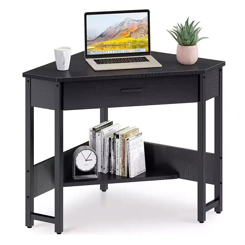 Modern Triangle Corner Computer Workstation with Large Drawer and Bottom Display Shelf for Apartments, Studios, and Office, Black