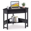Modern Triangle Corner Computer Workstation with Large Drawer and Bottom Display Shelf for Apartments, Studios, and Office, Black