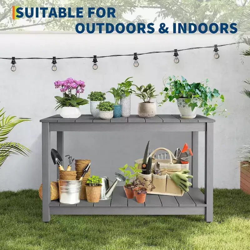 48 Inch 2-Shelf Console Table, Adjustable Foot Pad, Wooden Bar Storage Organizer, for Patio, Porch, Backyard, Garden