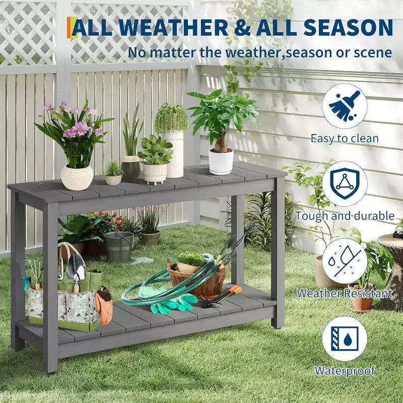 48 Inch 2-Shelf Console Table, Adjustable Foot Pad, Wooden Bar Storage Organizer, for Patio, Porch, Backyard, Garden