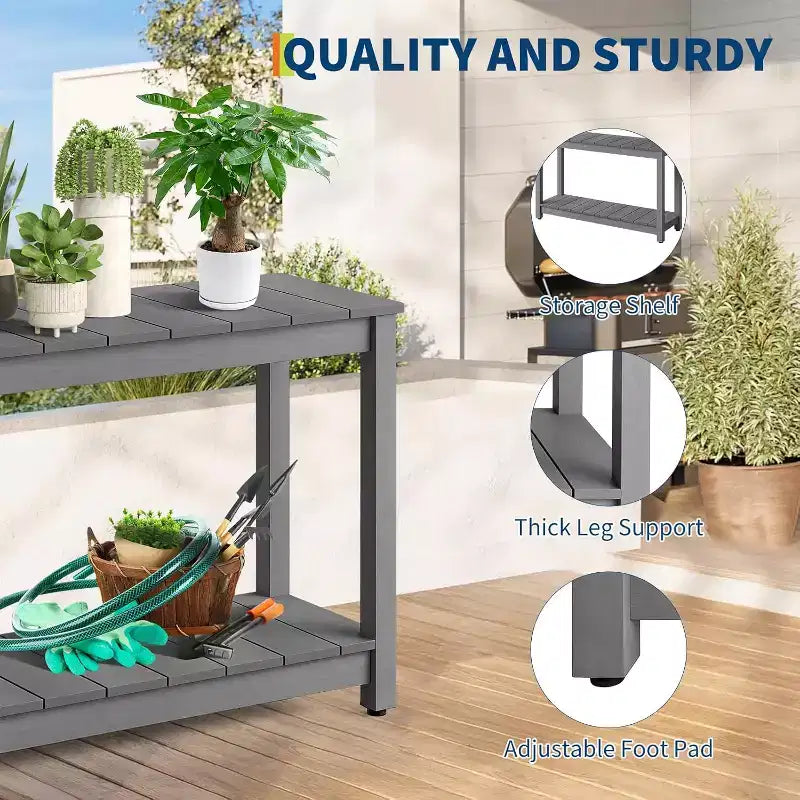48 Inch 2-Shelf Console Table, Adjustable Foot Pad, Wooden Bar Storage Organizer, for Patio, Porch, Backyard, Garden