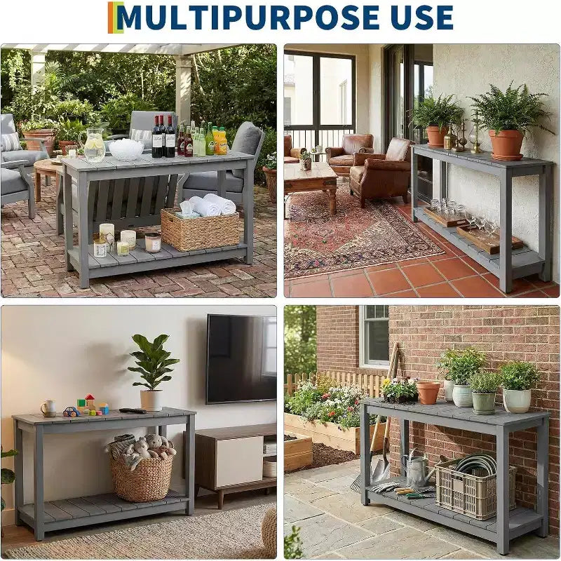 48 Inch 2-Shelf Console Table, Adjustable Foot Pad, Wooden Bar Storage Organizer, for Patio, Porch, Backyard, Garden