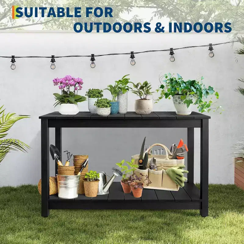 48 Inch 2-Shelf Console Table, Adjustable Foot Pad, Wooden Bar Storage Organizer, for Patio, Porch, Backyard, Garden